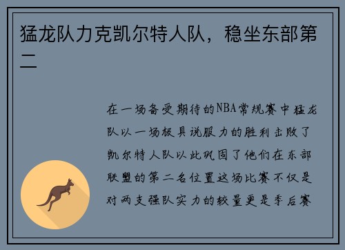 猛龙队力克凯尔特人队，稳坐东部第二